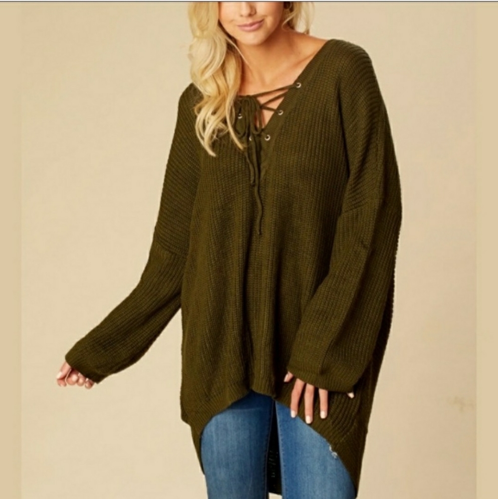 Altar'd State Oversized Green Lace-Up Sweater